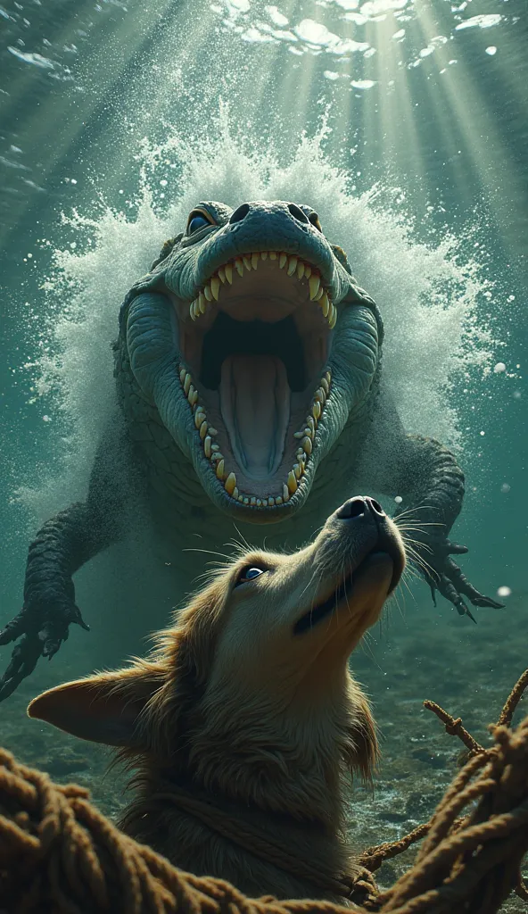 A hyper-realistic 4K underwater scene. A fierce crocodile with sharp teeth and rough, scaly skin emerges from the depths, its powerful jaws wide open, ready to strike. The water is turbulent, filled with bubbles and motion as it rushes forward. In the fore...