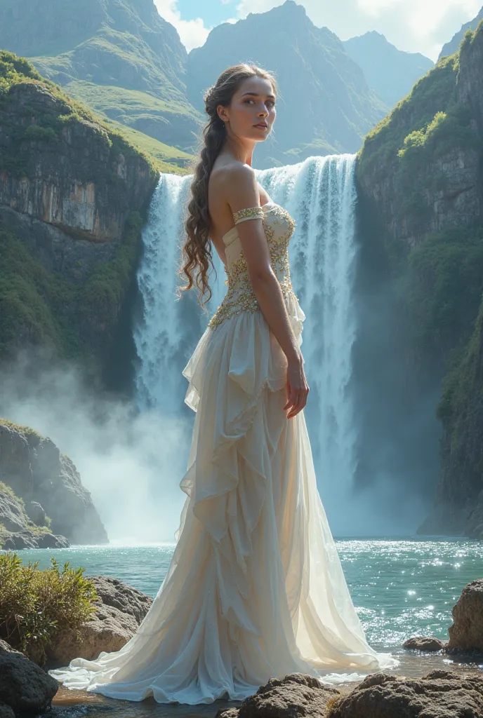 I want a drawing of a waterfall and a woman who is worthy of a contest that captures the welcome to a place in the mountains
