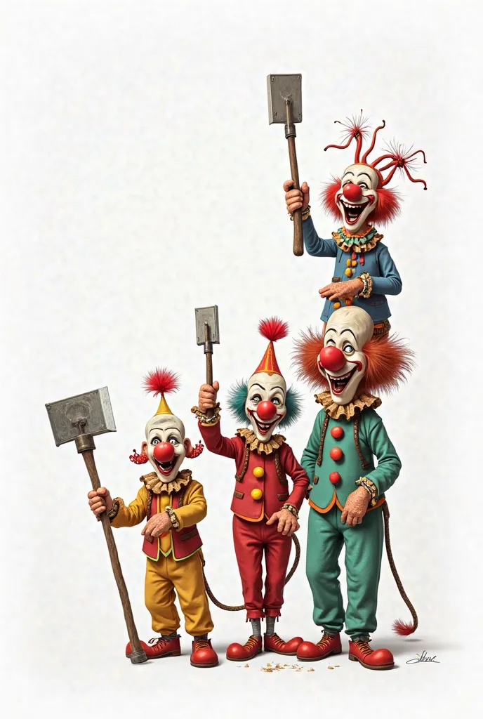  white background. On the right in a row, one above the other, four clowns with all a different tool in their hands and on the left of the sheet, the four tools that the clowns held in their hands