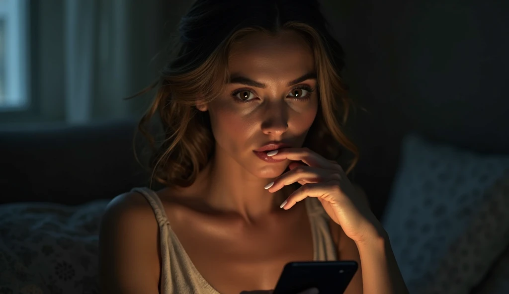 "A stunningly beautiful woman with perfect facial symmetry, captivating eyes filled with regret, sad, and soft, delicate features illuminated by the glow of her phone screen. She sits alone in a dimly lit room, elegantly dressed, her fingers gently touchin...