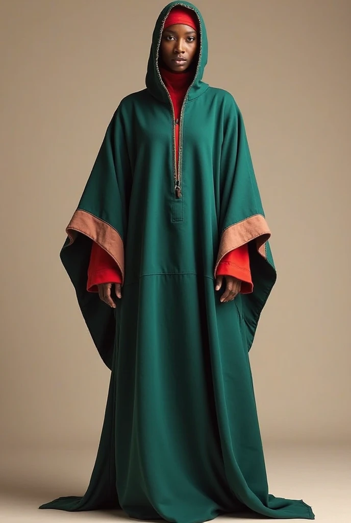 “A contemporary Moroccan djellaba with a sleek, modern feel, maintaining the traditional loose and flowing silhouette. The fabric should be lightweight yet structured, draping effortlessly.

The qab (hood) should be slightly oversized, adding a dramatic ye...