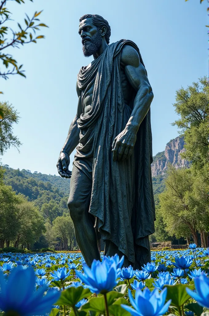 Statue of Epictetus in Greece surrounded by blue lotus flower ,  size 16 :9