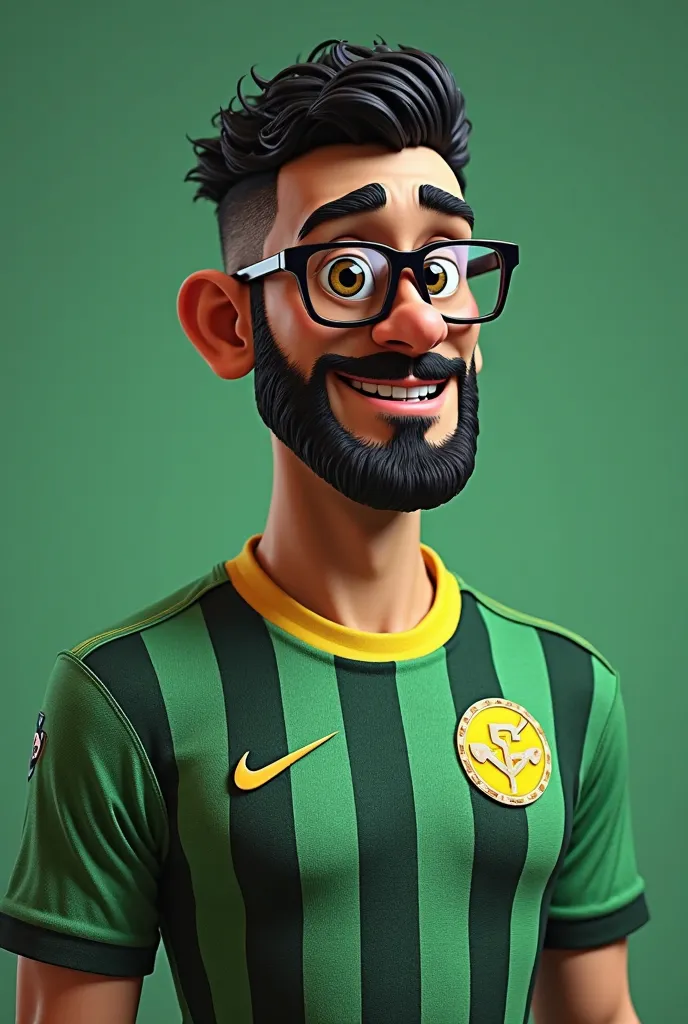 CREATE A CHARACTER WITH THE FEATURES OF YELLOW MILHOUSE AND BLACK HAIR WITH RECTANGULAR GLASSES AND SHORT BEARD TO MAKE WITH GREEN TEAM JERSEY WITH VERTICAL BLACK STRIPES, and a regular size round team emblem on the chest on the right