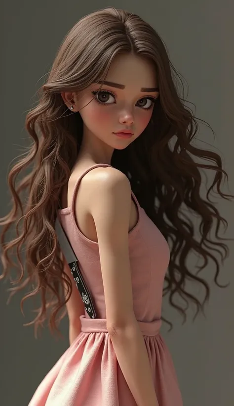 Create a 3D animation of a brown-eyed woman, long wavy brown hair, wearing a simple light pink dress, with a knife stuck in your back Maximum details,  ultra quality, 8k, 4K, Maximum definition.