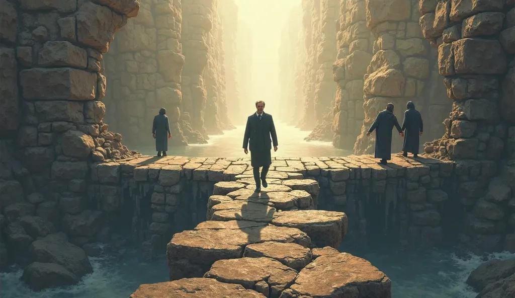 A bridge crumbling as Kelsen crosses A stone bridge representing ancient law is crumbling beneath Kelsen's feet, but he continues walking on a new, abstract path, made of light or modern legal codes. Behind him, shadows of ancient jurists try to hold him b...