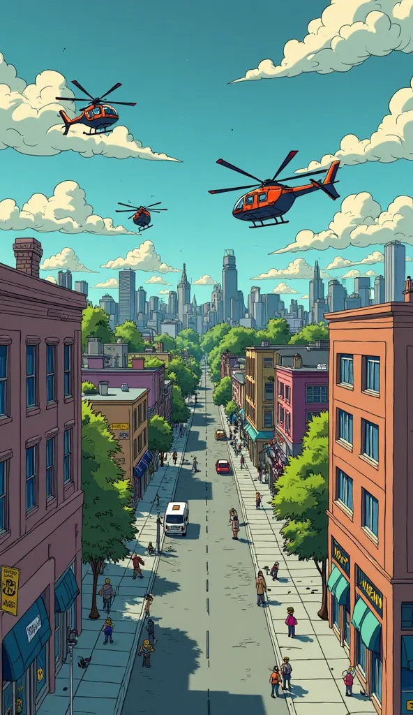 "An eerie aerial view of a quarantined Springfield in The Simpsons animation style: The usually vibrant city now looks abandoned, with empty streets and people peeking through their windows. Yellow biohazard warning signs are posted on buildings, and helic...