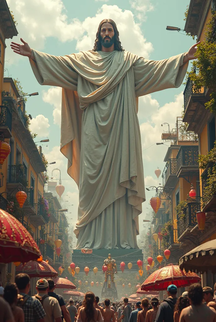 Giant Jesus Christ booming looking at the city during Carnival