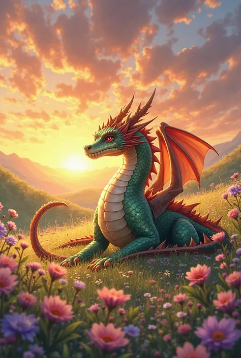 anime dragon resting in flowery feild at sunset