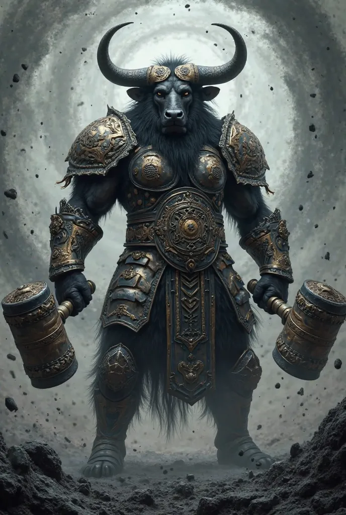 Noble Greek inspired minotaur with black fur, cloven hooves, wearing full plate armor, wielding twin hammers, and with black iron sand surrounding him.