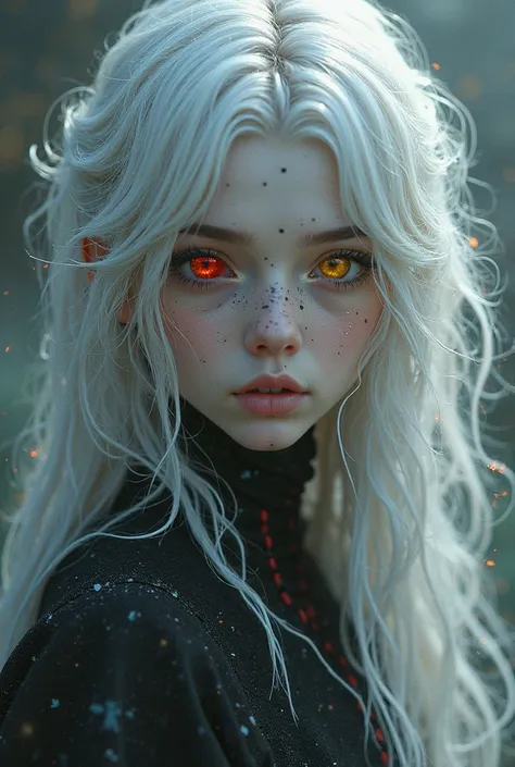 A girl with white hair with a lot of black strands and a different color. Her eyes are different. The right is red and the left is yellow with white skin 