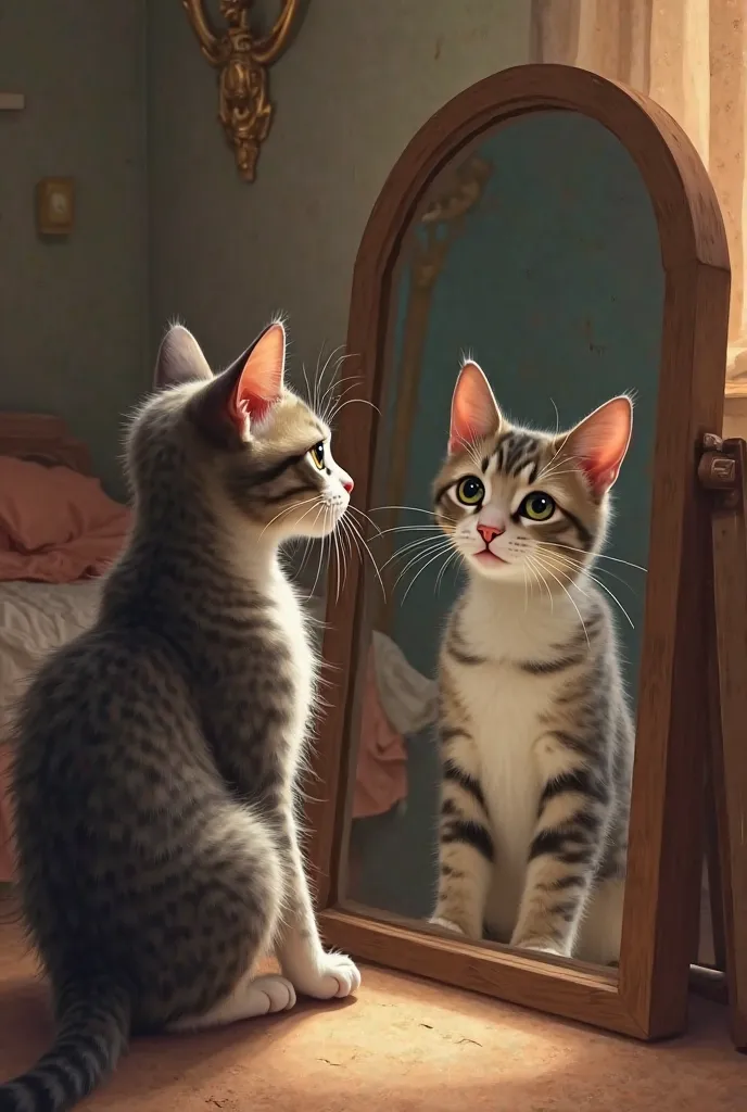 a cat, looking in the mirror, But your reflection has a black coat