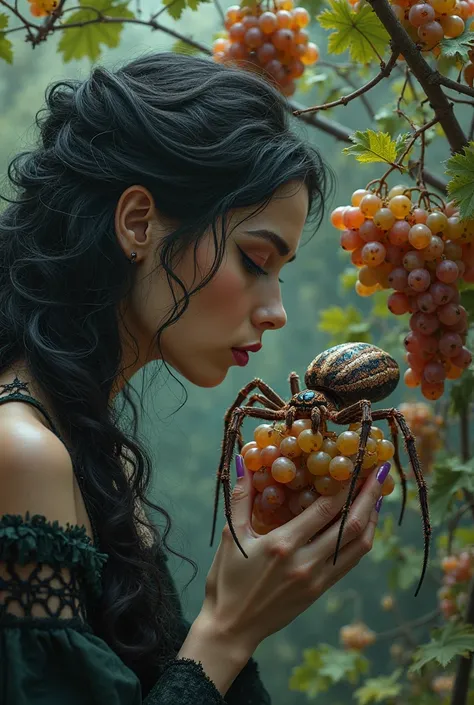 girl with dark hair kisses a spider on grapes