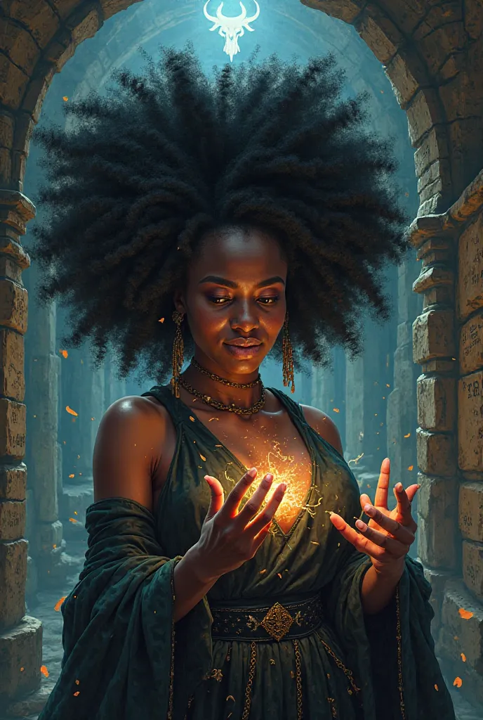 beautiful black woman, big curly afro, summoning demon in catacombs