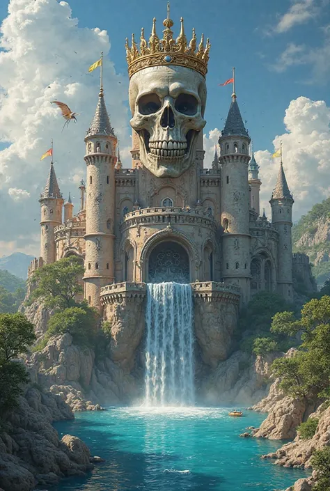 Let it be a castle, let it be surrounded by a pool, the background should be cool, let there be a skull wearing a king's crown on top of the palace, let the skull fly, let the castle have technology according to today's technology and let Onuristan be writ...