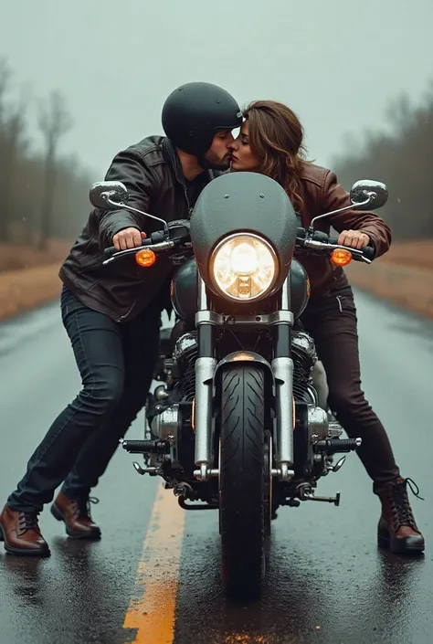 A man wearing helmet and leather jacket and sitting on road with one leg and kissing the head light of gt650 from side view 