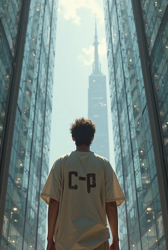 Genera Luke the apostle of Jesus, inside a skyscraper, wearing a shirt with the words C-C