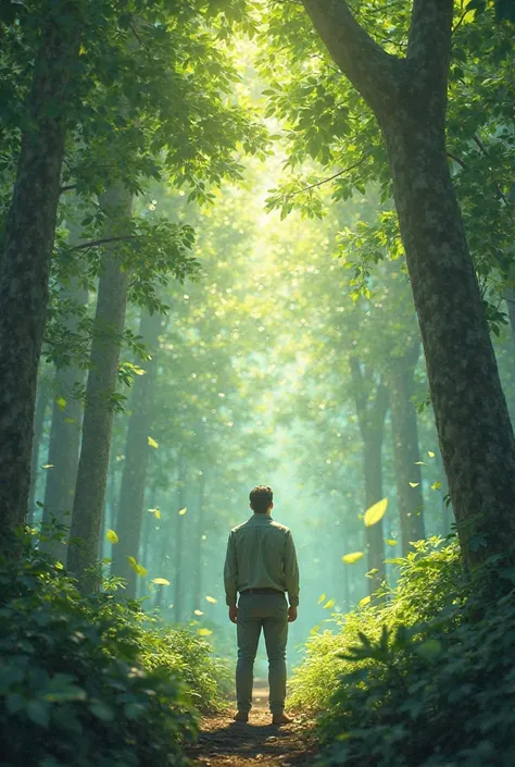 A man  standing alone  and there is a beautiful forest in background and his face towards the forest and leaves in form of happy birthday to you