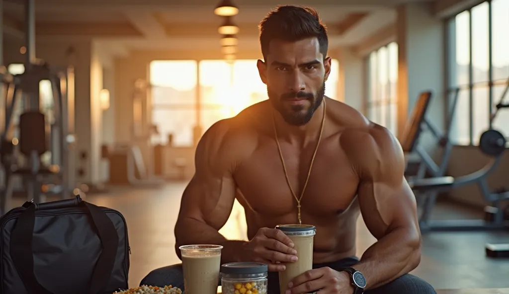 A fit, Middle Eastern man in his 30s with black hair and brown eyes, finishing a workout at a gym, drinking a protein shake while surrounded by fitness equipment. His gym bag contains healthy meal prep containers alongside a supplement organizer. The gym h...