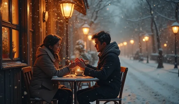 A romantic and melancholic winter evening scene in a cinematic 16:9 aspect ratio. A cozy, dimly lit café with foggy windows glows warmly against the cold, snowy streets. Inside, a couple sits at a small wooden table, their hands hesitating to touch over a ...