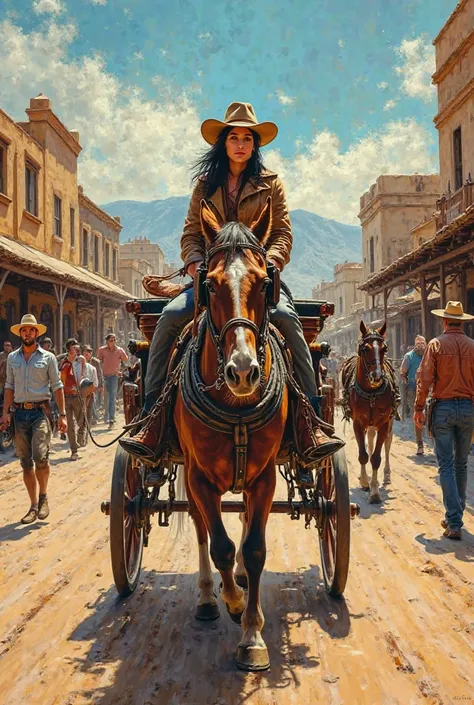 modern painting, Cowgirl woman in a carriage with horses in an old western city