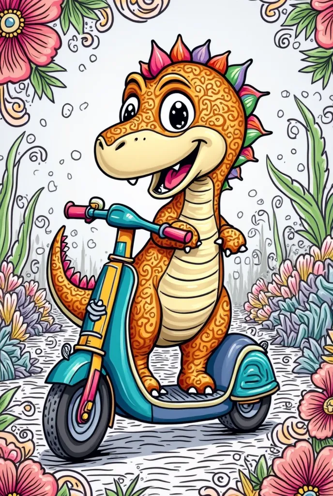 Coloring page dinosaurs scooter without color