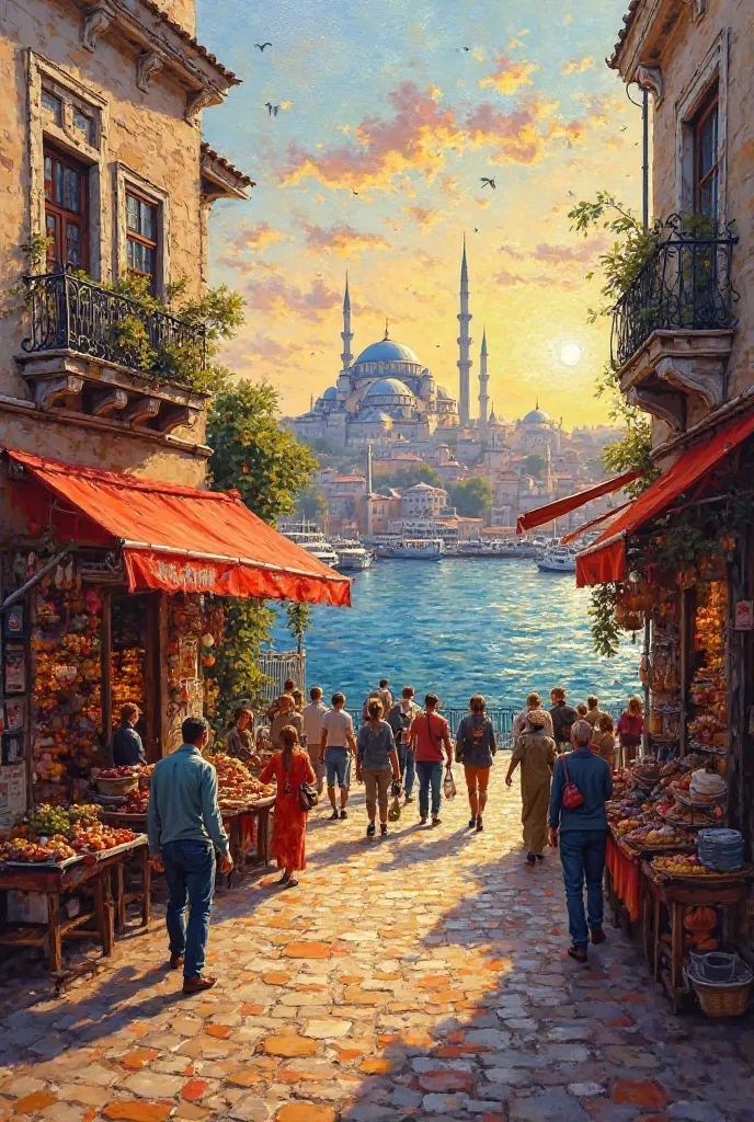 Draw a very easy and simple oil painting that tells me about Istanbul 