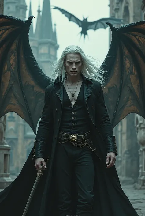 A dramatic and cinematic portrait of a flying pale-skinned male vampire with long rapier, flowing white hair in the style of Alucard from Castlevania . He stands confidently mid-action, holding a sleek rapier aloft as a massive bat-like creature swirls dra...