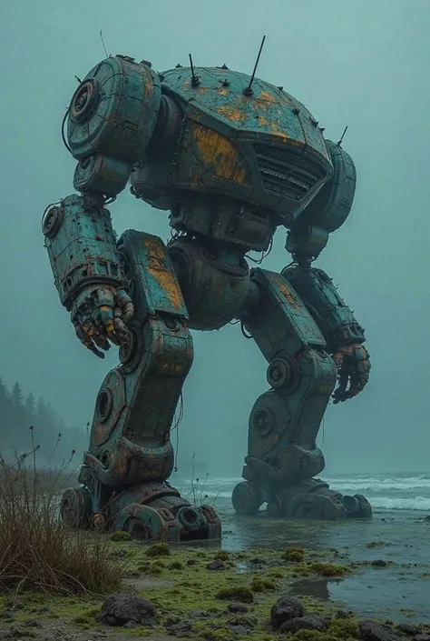 AN ABANDONED GIANT WAR ROBOT ,FALLEN AND OLD , RUSTING AND COVERED IN MOSS, IN A SEA ON THE BEACH AROUND YOU THERE ARE MORE ROBOTS LIKE THIS BUT DESTROYED AND OTHERS DISMANTLED, ALL OF THIS AT NIGHT IN THE FUTURE, THIS LOOKS SO REAL IT LOOKS LIKE A SCIENCE...