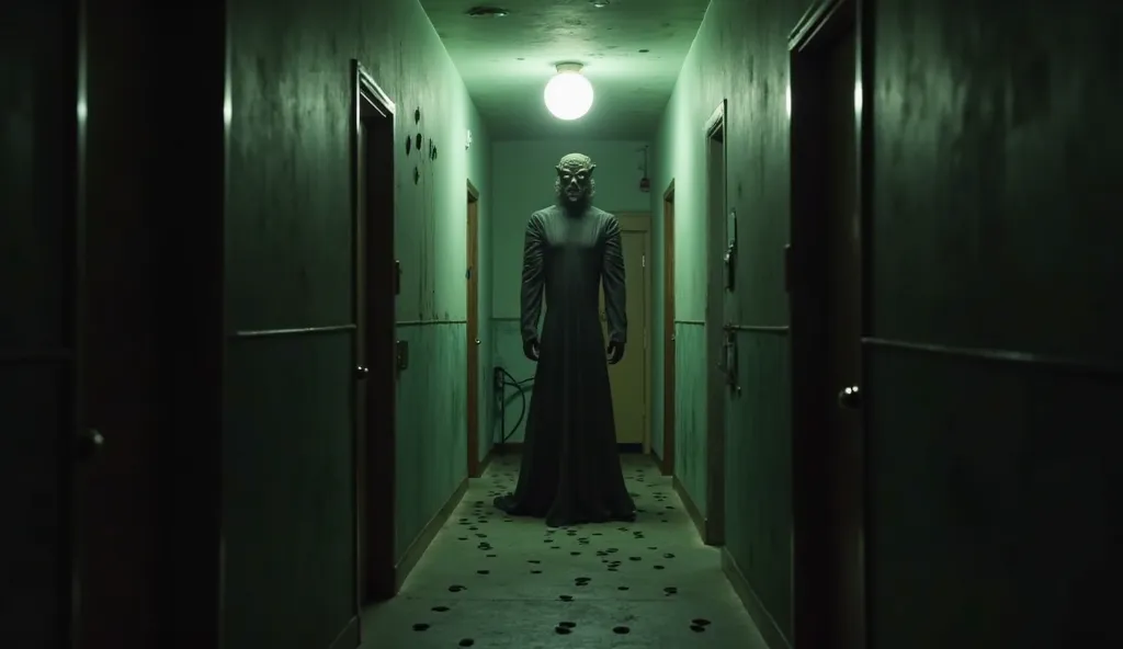 A long, narrow hallway lit by a flickering lightbulb. At the end of the hall, a tall, twisted figure with a mask stands, its silhouette elongated and distorted. The walls are a deep, muted green, and the floor is covered in faint, glowing footprints.