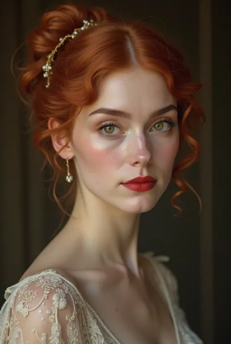 Beautiful 30-year-old woman with red hair, oval face,  nose, thin lips, yeux en amande et marron clair, red hair in a bun, Chin with falseta, en tenue de soirée en 1900