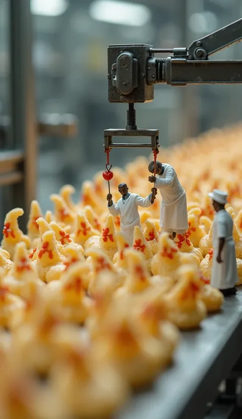 Miniature chicken pin production line. Focused close-up on a crane lifting a large piece of chicken pin.  Multiple small workers in white chef's uniforms are positioned amid rows of  chicken pin .  The chicken pin , flaky texture.  The lighting suggests a ...