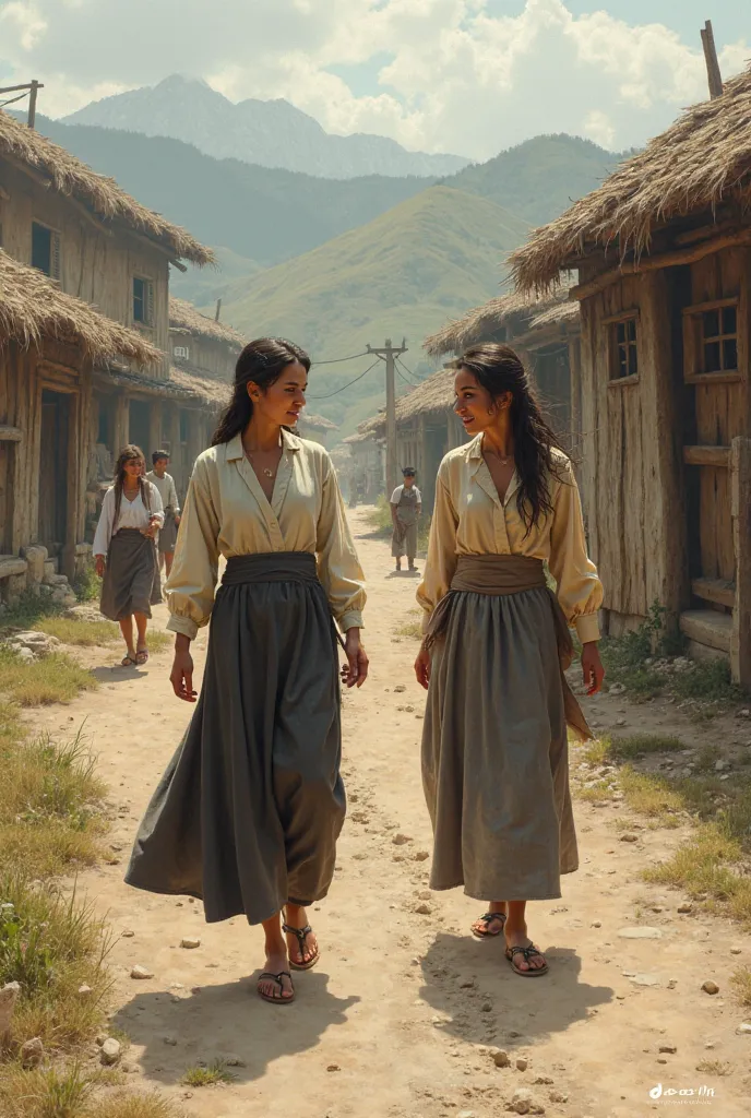 two women arriving in a village in the countryside talking to each other and dusting off