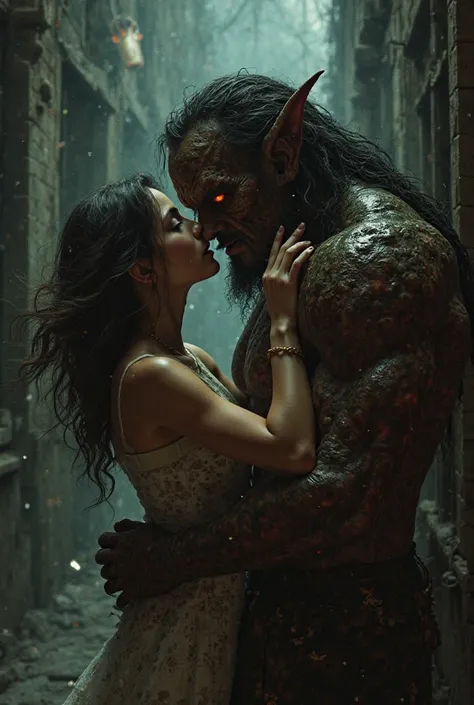 Hot girl kissing a monster humanoid