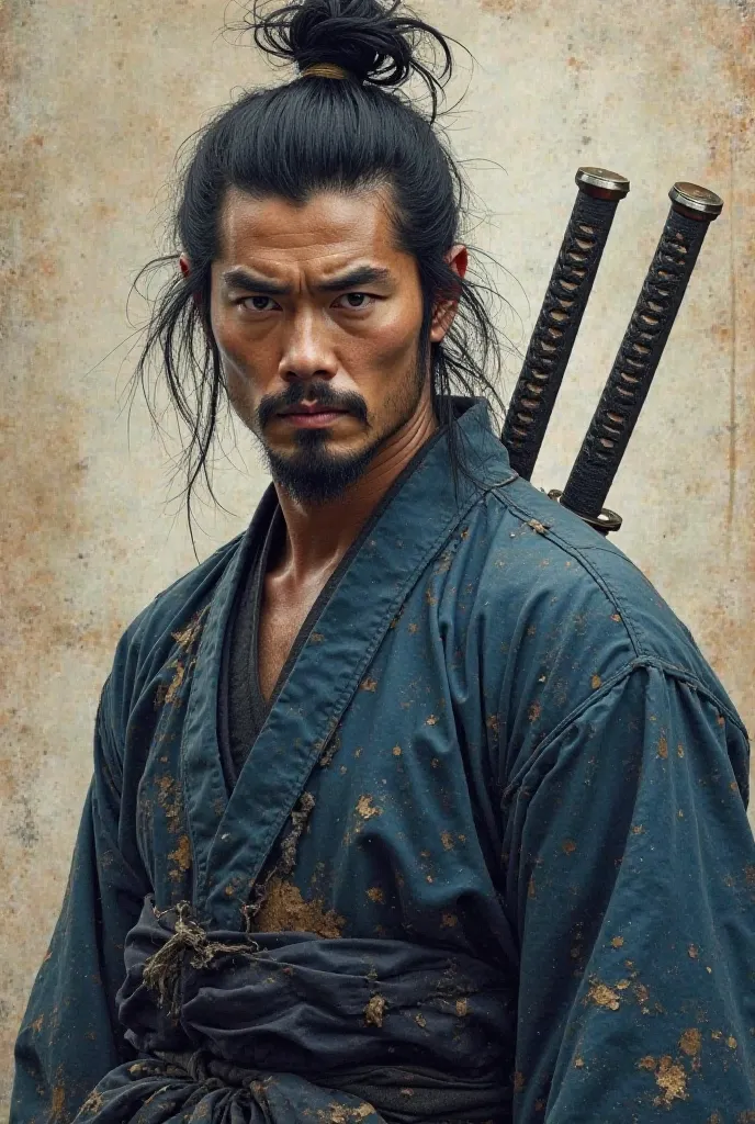 Musashi Miyamoto appears as a rugged, yet composed samurai clad in a worn but well-maintained kimono, its deep indigo hues fading with time. His hair is tied back in a loose topknot, strands of it falling freely, giving him a wild, untamed look. His eyes a...