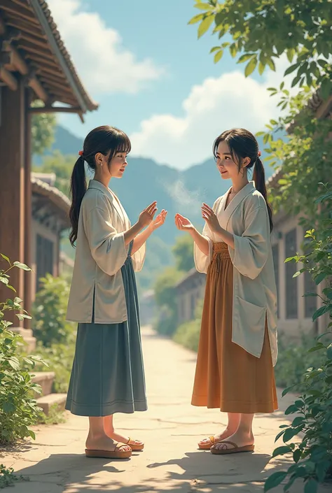 two casually dressed women arriving at a village in the countryside talking to each other and dusting off