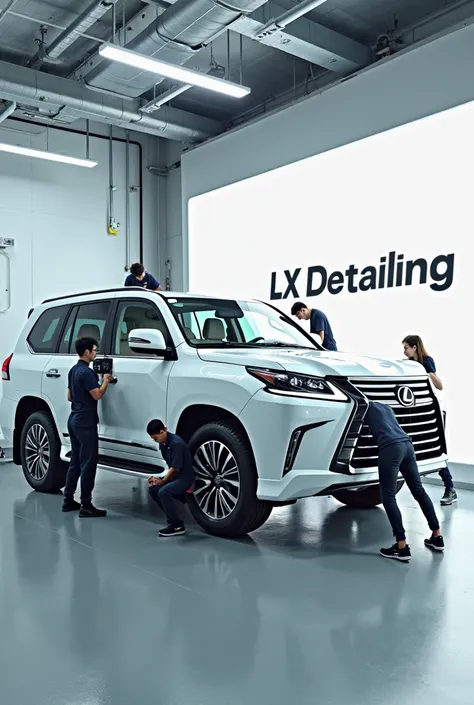 6 small people polish a Lexus lx570 car in a cool detailing called “LX detailing”, which is made in a modern high-tech style and the inside is very light and the name logo is visible 