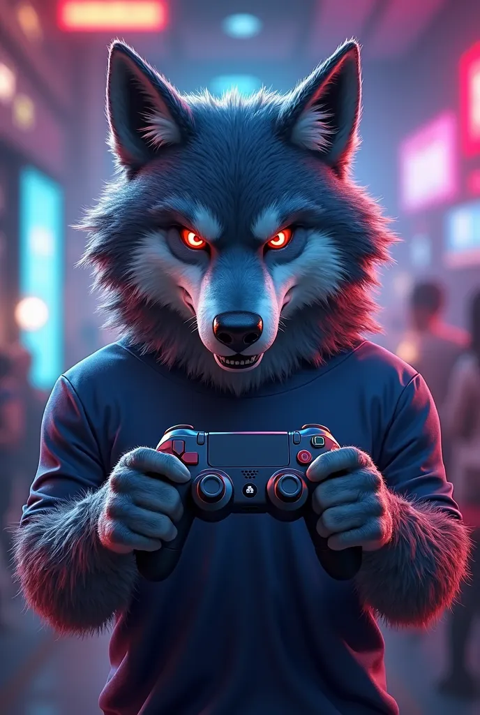 A wolf mascot wearing a dark blue shirt holding a video game controller