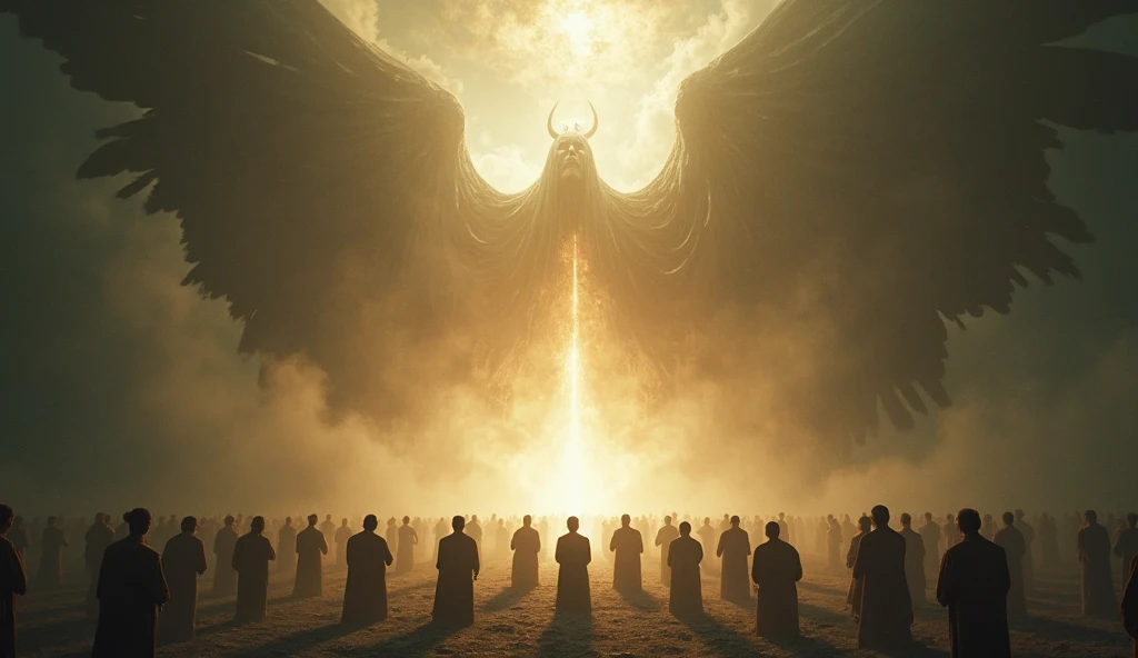 A dramatic and profound scene of a prayer circle, situated in a vast ethereal space.  in the center, a radiant and brilliant light illuminates the surroundings, with gigantic and imposing beings in the background. These beings have an impressive, supernatu...