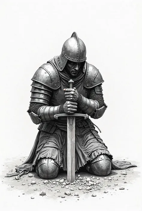 warrior kneeling, with his hands tightly gripping his burying sword on the ground.  medieval armor. metal. full helmet. He looks tired from fighting. Line drawing style. High detail in shading and realistic drawing style textures. medieval warrior