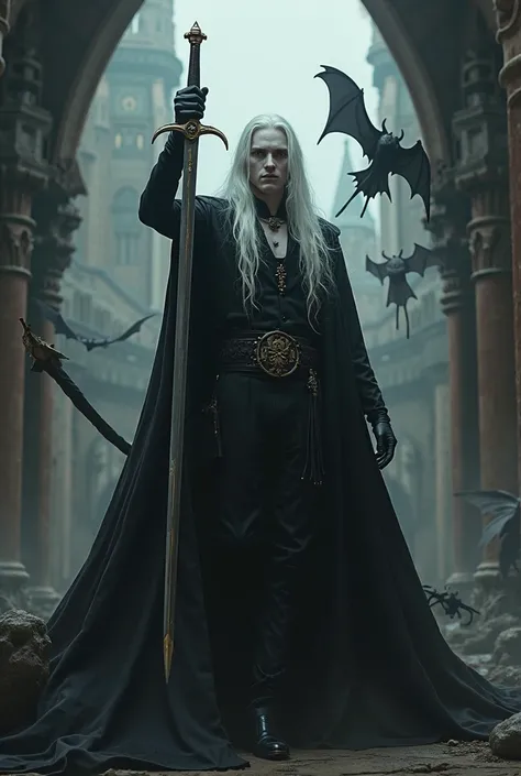 A dramatic and cinematic portrait of a albino male vampire with long rapier, flowing white hair in the style of Alucard from Castlevania. He stands confidently mid-action, holding a sleek rapier aloft as a bat-like creatures swirls dramatically around him....