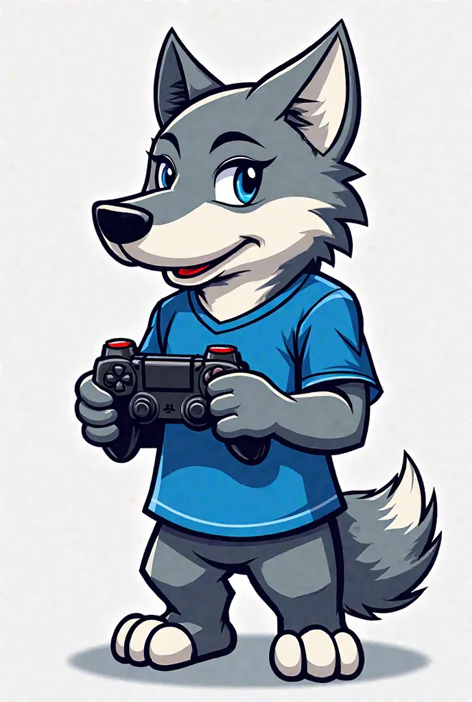 A wolf mascot wearing a blue shirt holding a video game controller