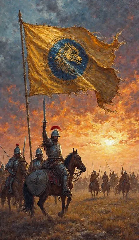 An oil painting depicting a scene from the Göktürk Empire, celebrating a warrior ruler’s victory in the Central Asian steppes. A strong wind swirls through the sky, causing the Göktürk flag to wave fiercely; at the center of the flag, a powerful wolf’s hea...