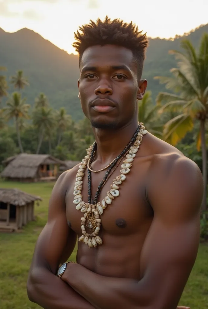 A 21-year-old young man from Papua New Guinea is standing confidently in a vibrant village setting. He wears a modern casual outfit with a hint of traditional influence, such as a necklace made from shells and boar tusks. His short, dark curly hair is neat...