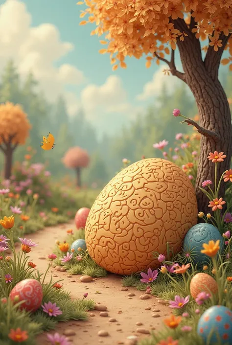 cute texture with high details, full of easter eggs, background with a charming tree, a clay path, flower garden