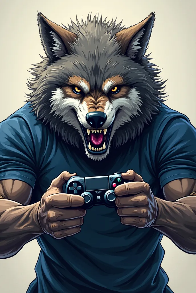 An angry wolf mascot wearing a dark blue shirt holding a video game controller