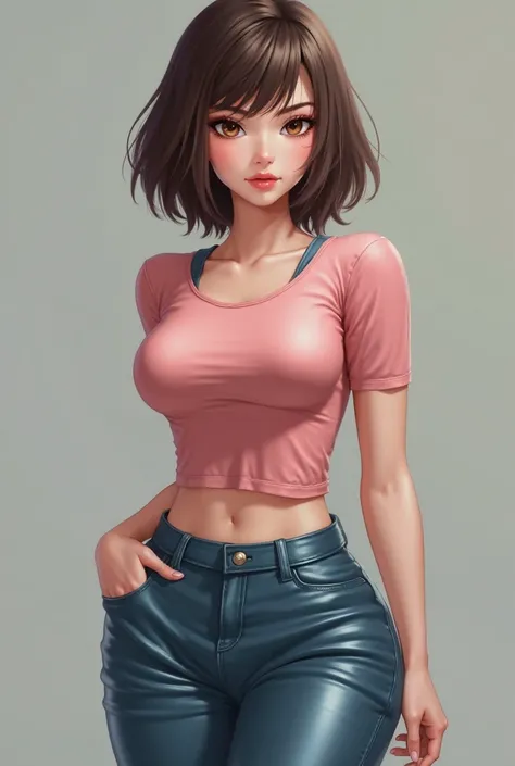 It generates an adult Japanese woman with a triangular face with short brown hair with colchos, wearing a short sleeve pink shirt and blue leather pants cut with big breasts and big buttocks