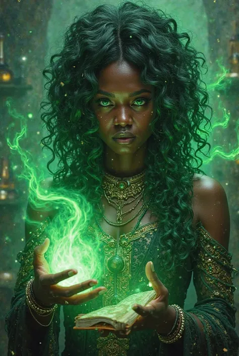 beautiful black woman, wielding green poison magic, close up, magic in one hand, magical book in the other, poison bottles around, green hair