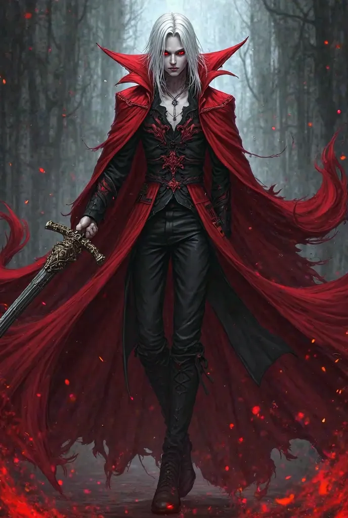 A dramatic and cinematic portrait of a albino male vampire in a red coat with a long sword, alucard, Castlevania, anime vampires, Castlevania, Castlevania Inspired, vampire lord, Johan Liebert misturado com alucard, Elric de Melnibone, son of sparda, Castl...