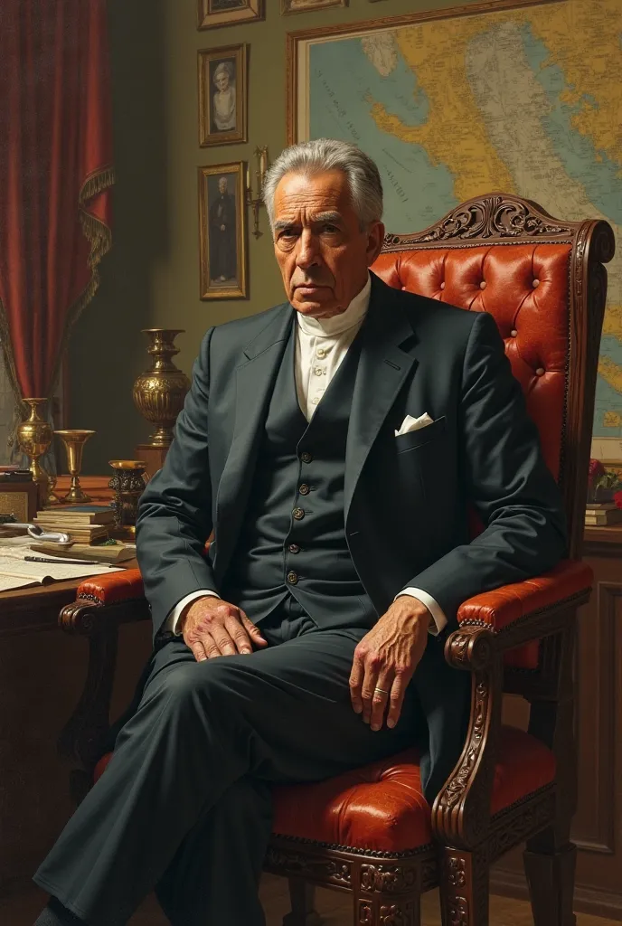 Porfirio Díaz in his office, surrounded by maps and documents . Looks coldly at a group of ministers.