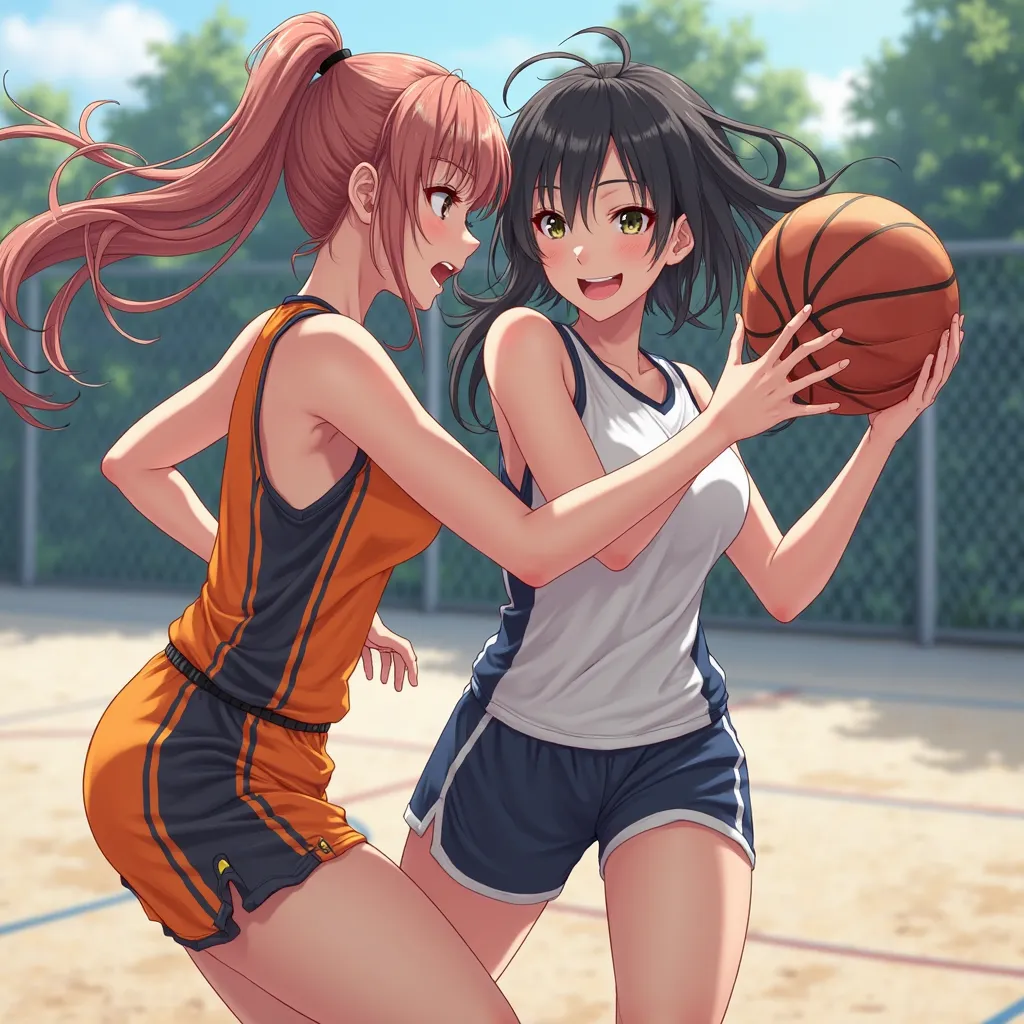 Two beautiful anime girls playing basketball, medium breasts,  tight uniform .